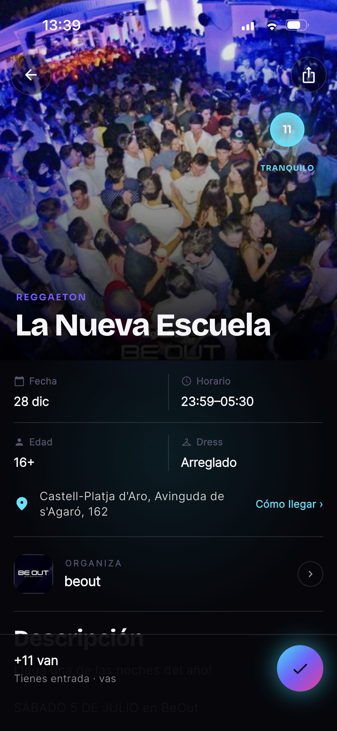 Detalle de un evento en la app NightVibe con su nivel de calor