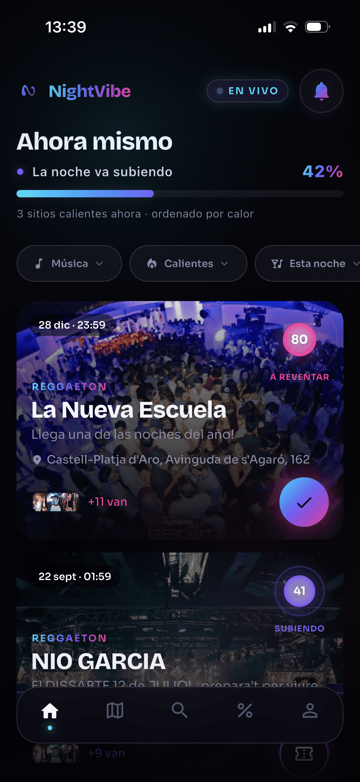Inicio de la app NightVibe: eventos de esta noche ordenados por calor en tiempo real